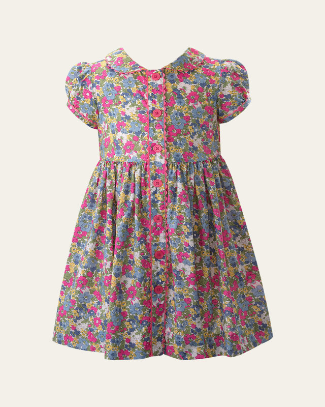 Girl's Peony Floral-Print Collared Dress, Size 2-10